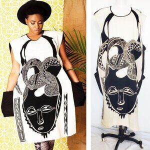 AS HRO ASHRO Womens African Inspried Tunic Dress Black Ivory Mask Graphic Print